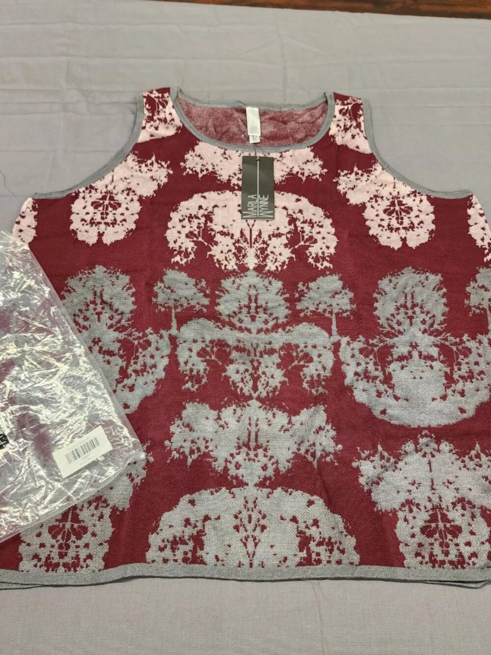 Marla Wynne Plus Size 3X Sleeveless Knit Tank Top Burgundy Jacquard Scoop NWT